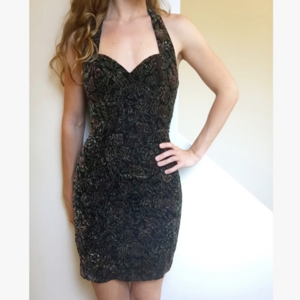 Vintage Floral Velvet Halter Rampage Mini Dress
